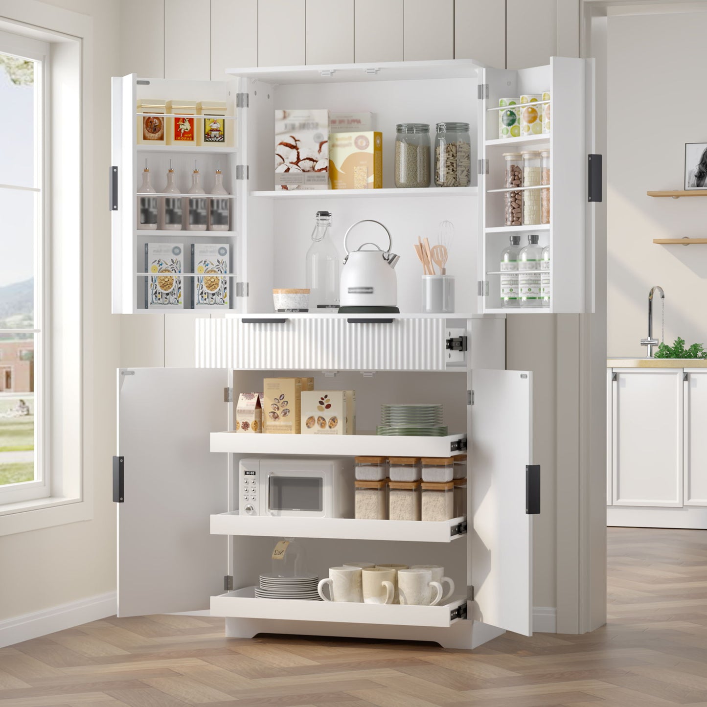 Fluted Kitchen Pantry Cabinet With 3 Keyboard Drawers & 6 Adjustable Door Shelves
