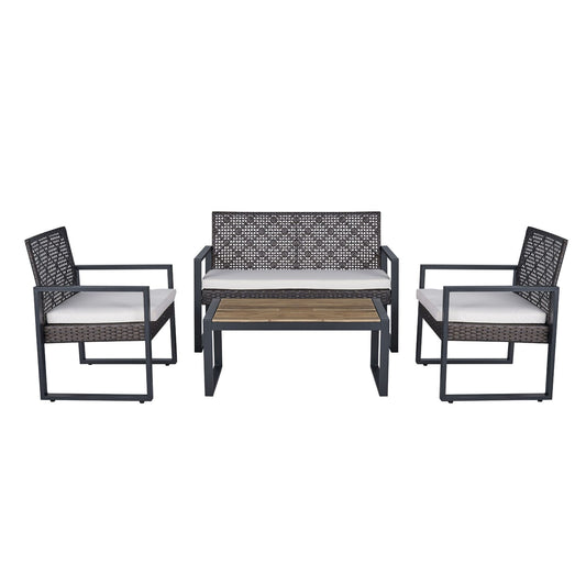 4 Piece Patio Furniture Set With Acacia Wood Table Top And Cushions