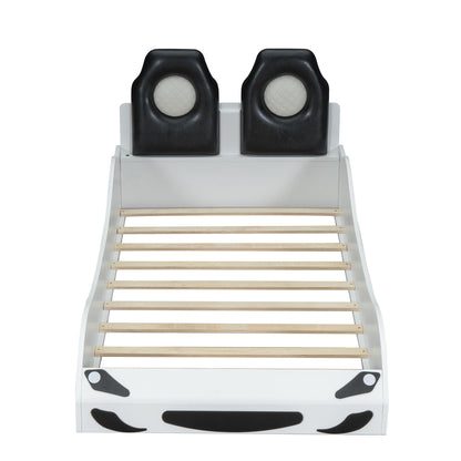 Race Car Shaped Platform Bed With LED And Upholstered Backrest In