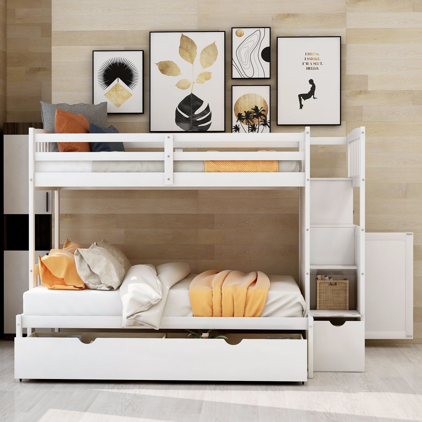 Bunk Bed, Convertible Bottom Bed, Storage Shelves And Drawers