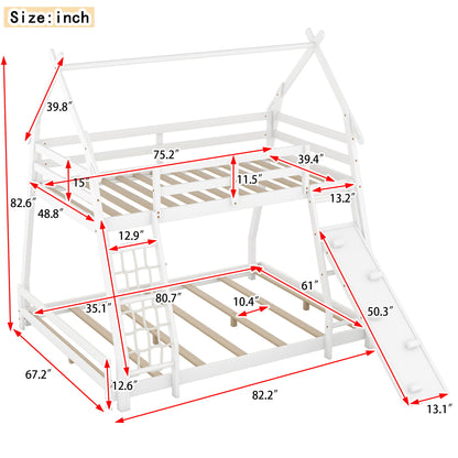 Twin Over Queen House Bunk Bed With Climbing Nets And Ramp - White