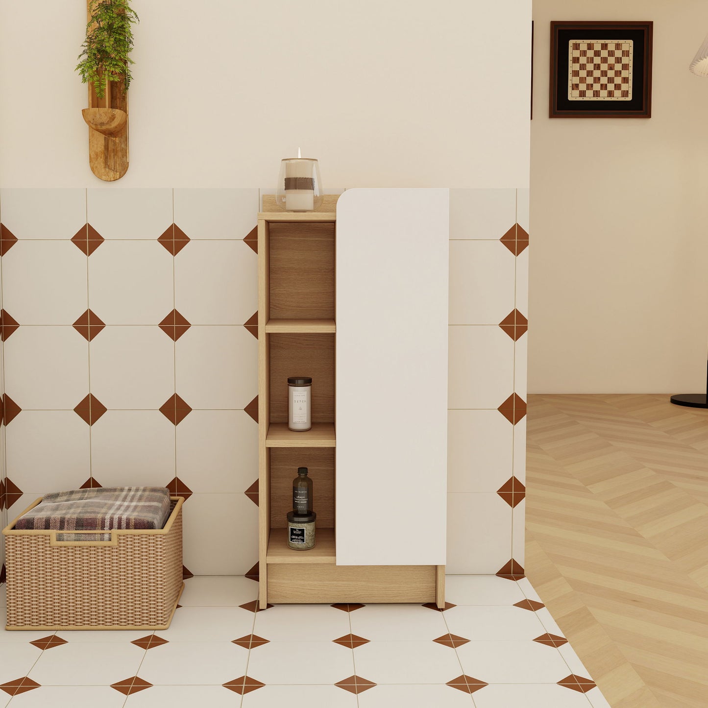 Freestanding Bathroom Side Cabinet, Narrow Storage Cabinet With Single Door & 3 Tier Open Shelves - Black / Light Oak / White
