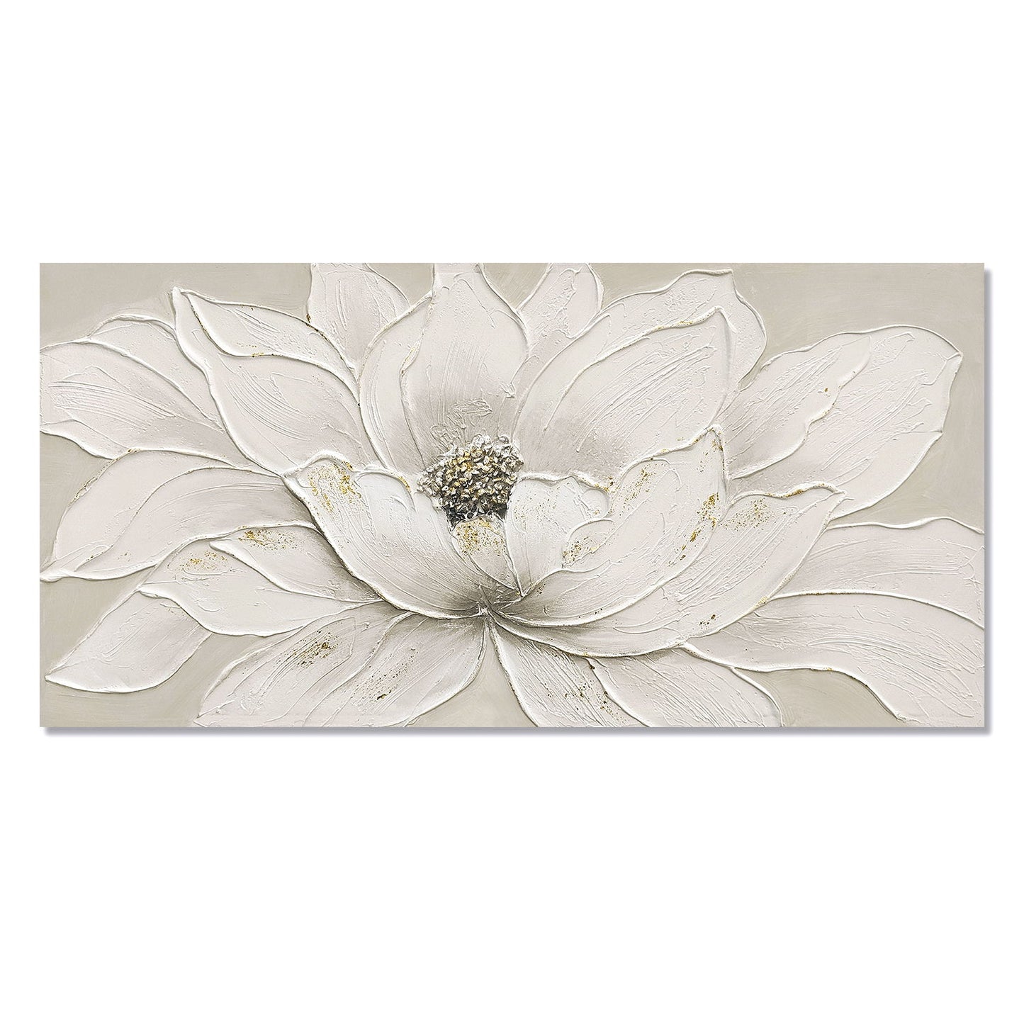 Lotus Flower Canvas Wall Art, Hand Painted Textured Floral Painting - Antique White