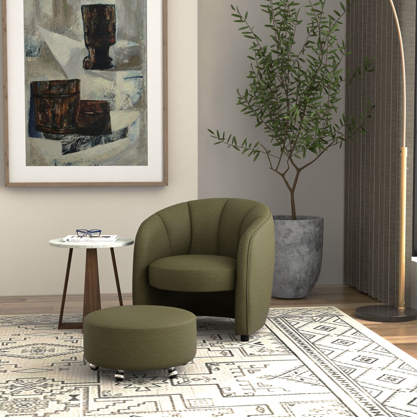 Barrel Chair With Nesting Ottoman - Forest Green