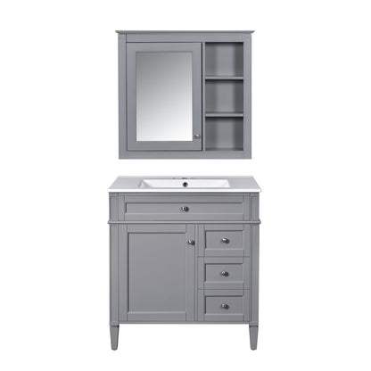 Bathroom Vanity With Top Sink, Freestanding Storage Cabinet With 2 Doors And 3 Drawers, Mirror Cabinet Included - Gray