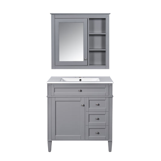 Bathroom Vanity With Top Sink, Freestanding Storage Cabinet With 2 Doors And 3 Drawers, Mirror Cabinet Included - Gray