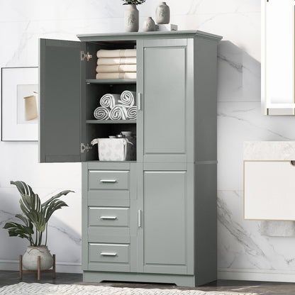 Tall And Wide Storage Cabinet With Doors For Bathroom Or Office, 3 Drawers - Gray