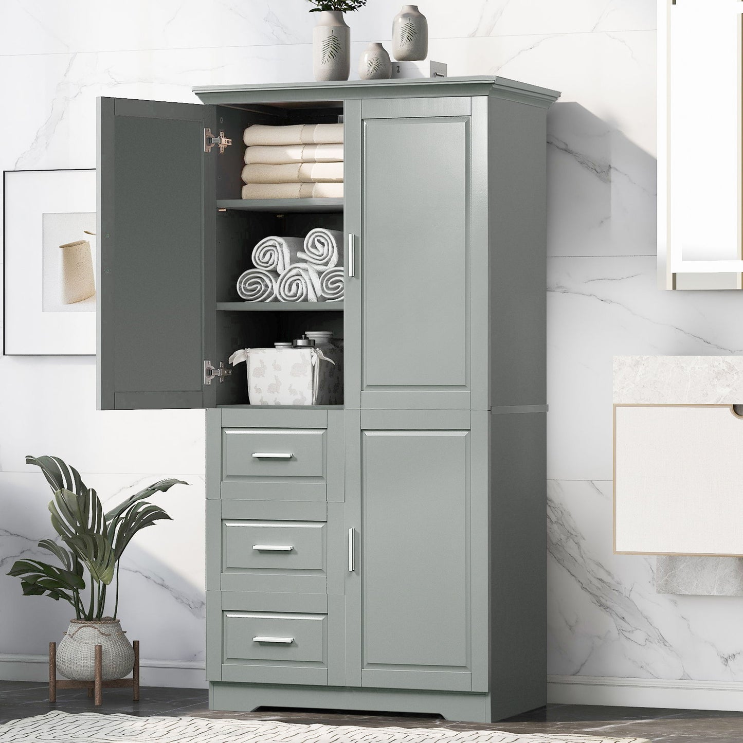 Tall Wide Storage Cabinet With Doors, 3 Drawers