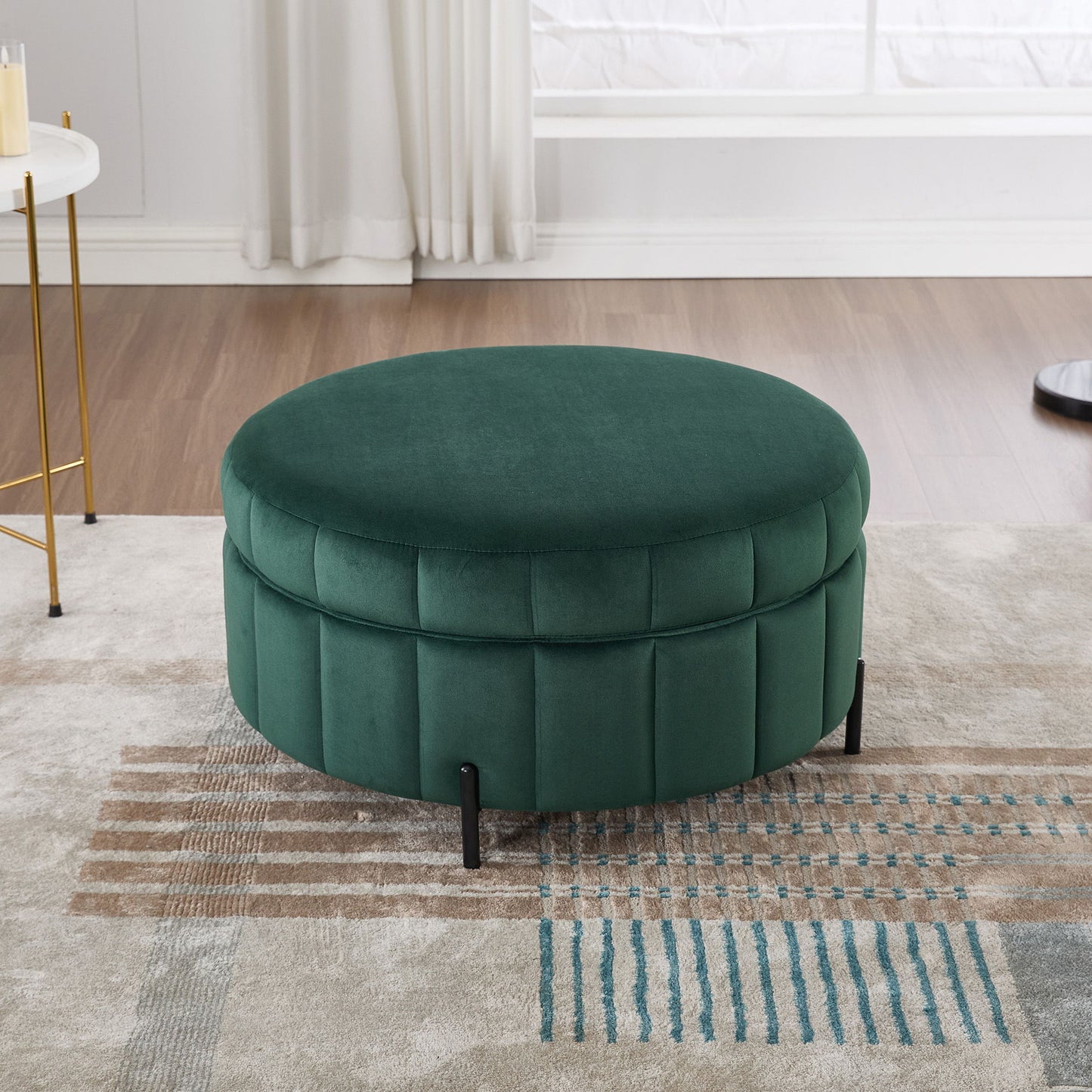 Upholstered Round Ottoman With Reversible Lid, Channel Tufted Pumpkin Shape