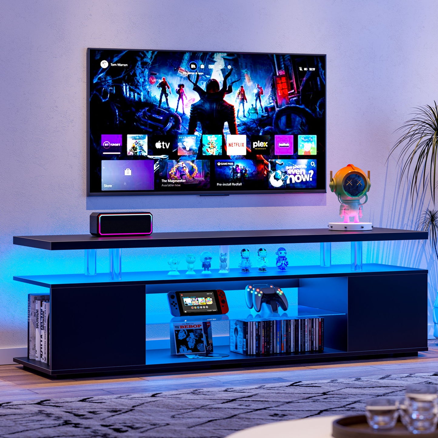 TV Stand LED Gaming Entertainment Center, Media Storage Console Table With Large Side Cabinet