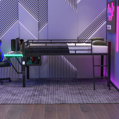Modern Gaming Mid Loft Bed With Desk And LED Lights