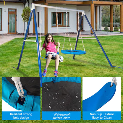 Kids Metal Swing Set For Backyard Outdoor Playground Two Functional Swing Set For Kids Outdoor Equipment - Antique Blue