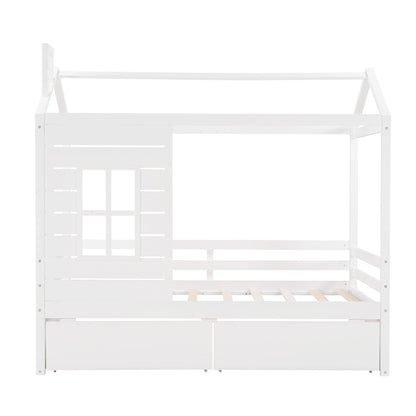 Twin Size Classic House Bed With 2 Drawers - White