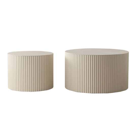 Drum Nesting Coffee Table With Wave Stripe Design For Living Room (Set of 2) - Beige / White
