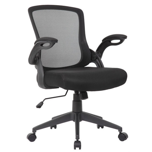 Office Chair & Mid Back Design, Adjustable Height And Foldable Armrests - Black