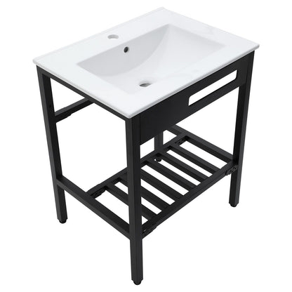 Console Sink With Legs, 24" X 18", Durable Porcela With Frame - White / Black