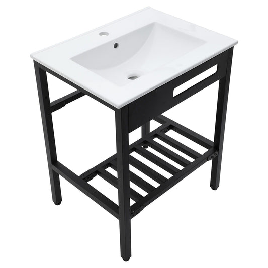 Console Sink With Legs, 24" X 18", Durable Porcela With Frame - White / Black