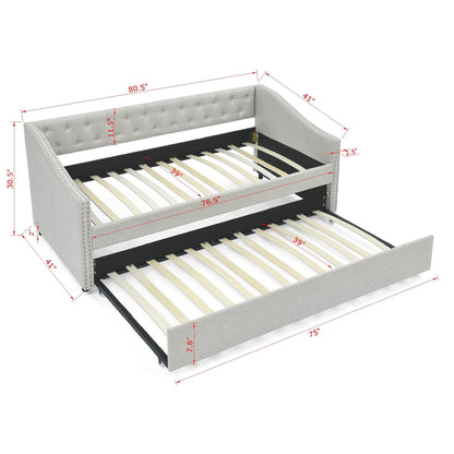 Upholstered Tufted Daybed With Drawers, Waved Arms