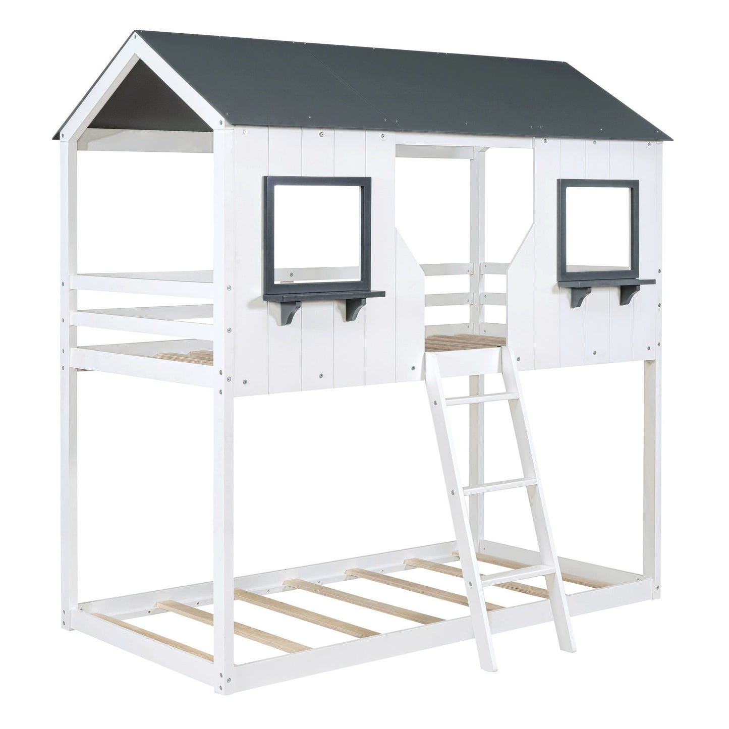Twin Over Twin Bunk Bed With Roof, Window, Guardrail, Ladder