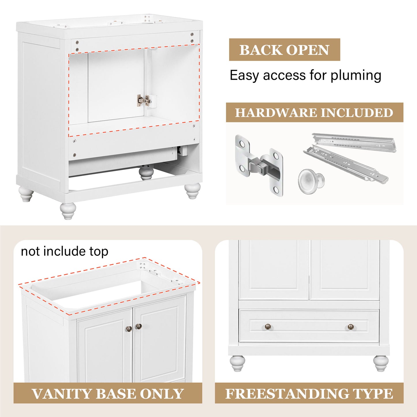 Bathroom Vanity Without Sink, Base Only, Cabinet With Doors And Drawer, Solid Frame And MDF Board - White