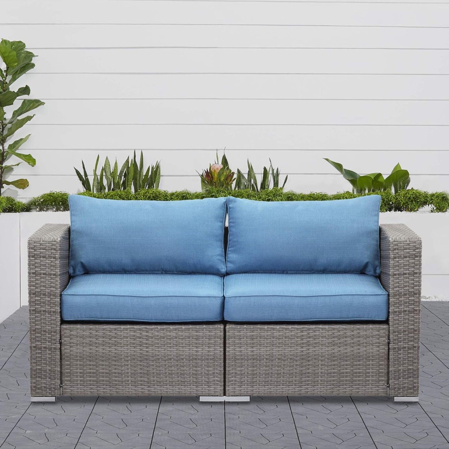 2 Piece Patio Loveseat Set With Thick Cushions, Outdoor Sectional Sofa For Balcony - Blue / Brown