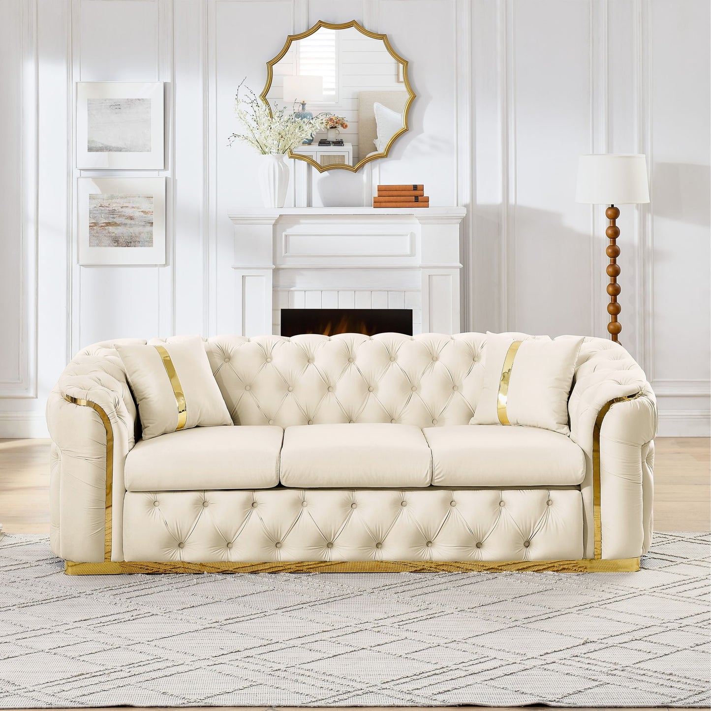 Button Tufted Couch With 2 Pillows, 3 Seater Luxury Chesterfield Sofa