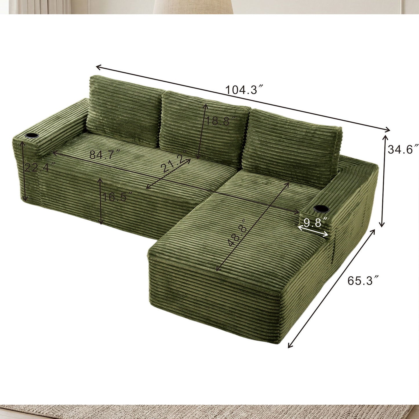 Cloud Sectional Couch, Modular Sectional Sofa With Deep Seat, Boneless Couches With L-Shape Chaise For Living Room - Green