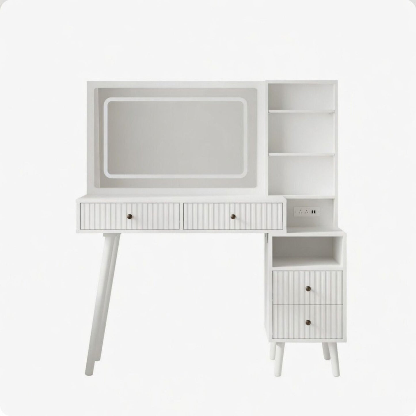 Fluted Vanity Desk With Lighted Mirror & Outlet 4 Drawer, Makeup Table - White