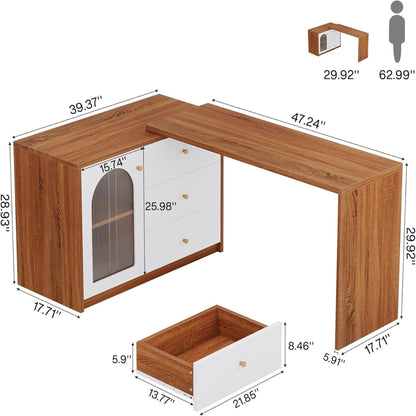L - Shaped Computer Desk With Drawers, Reversible Corner Workstation For Home Office - Brown / White