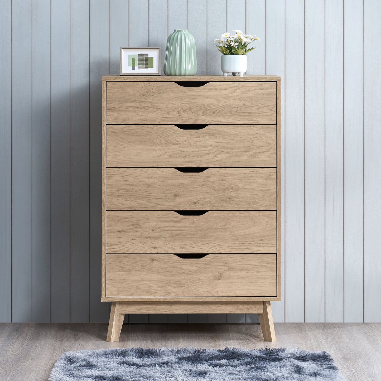 Nordica - 5 Drawer Chest With Interlock Drawer Feature Drawer Slide And Interlock Pre-Assembly, Drawer Chest For Closet Tall Dressers For Bedroom Clothes Organizer Tool - Natural Oak