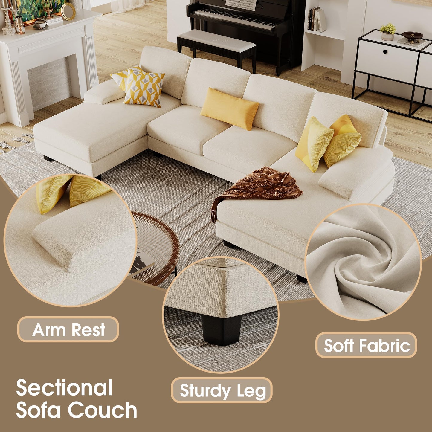 Furmax Sectional Couches for Living Room, U-Shaped Sofa Couch with Linen Fabric, 4 Seat Sofa Set with Double Chaise for Apartment (Fabric, Grey)