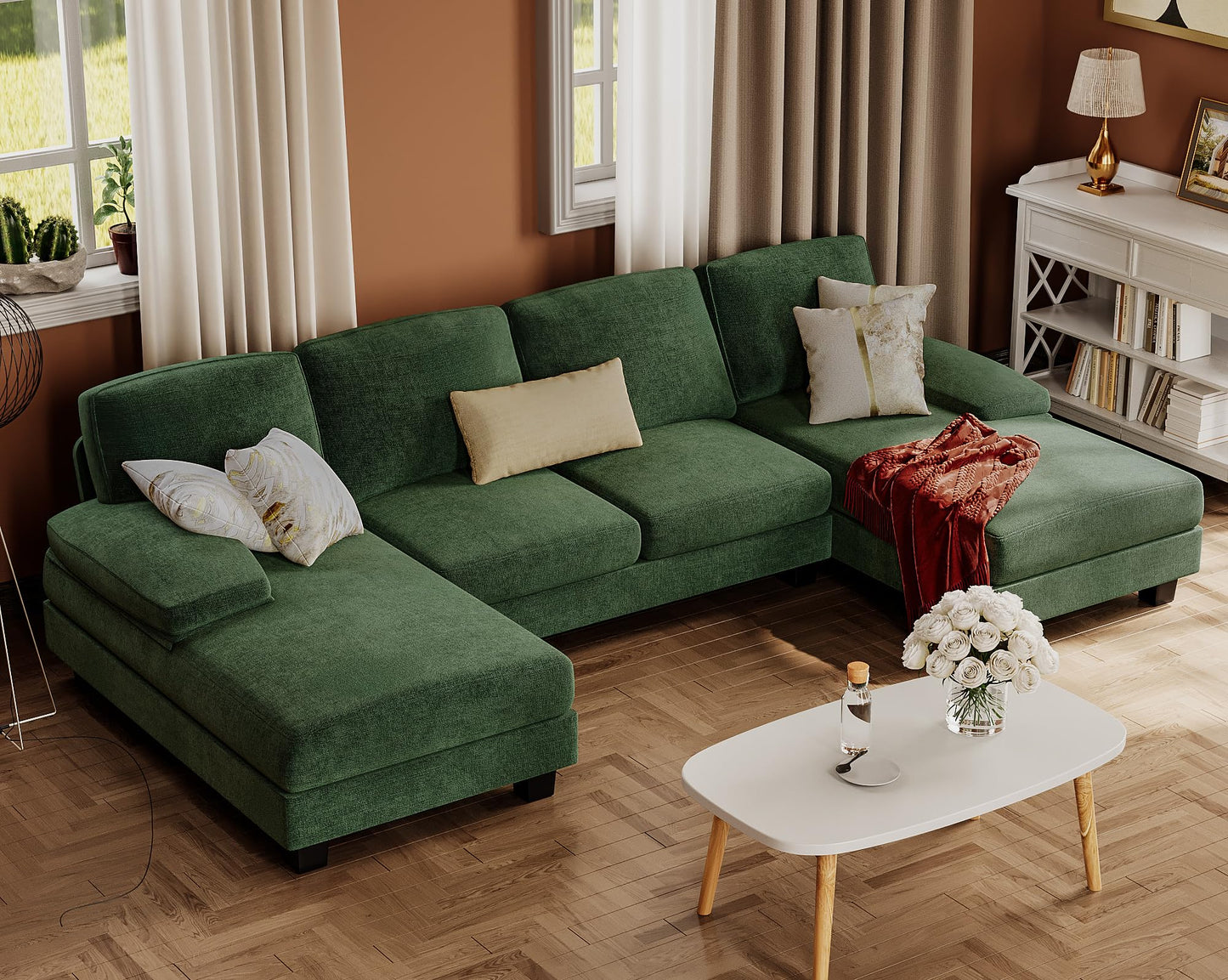 Furmax Sectional Couches for Living Room, U-Shaped Sofa Couch with Linen Fabric, 4 Seat Sofa Set with Double Chaise for Apartment (Fabric, Grey)