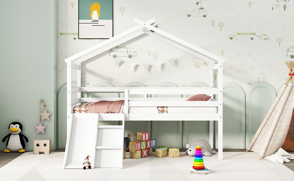 Low Loft House Bed With Slide, Ladder, Safety Guardrails, House Roof Frame