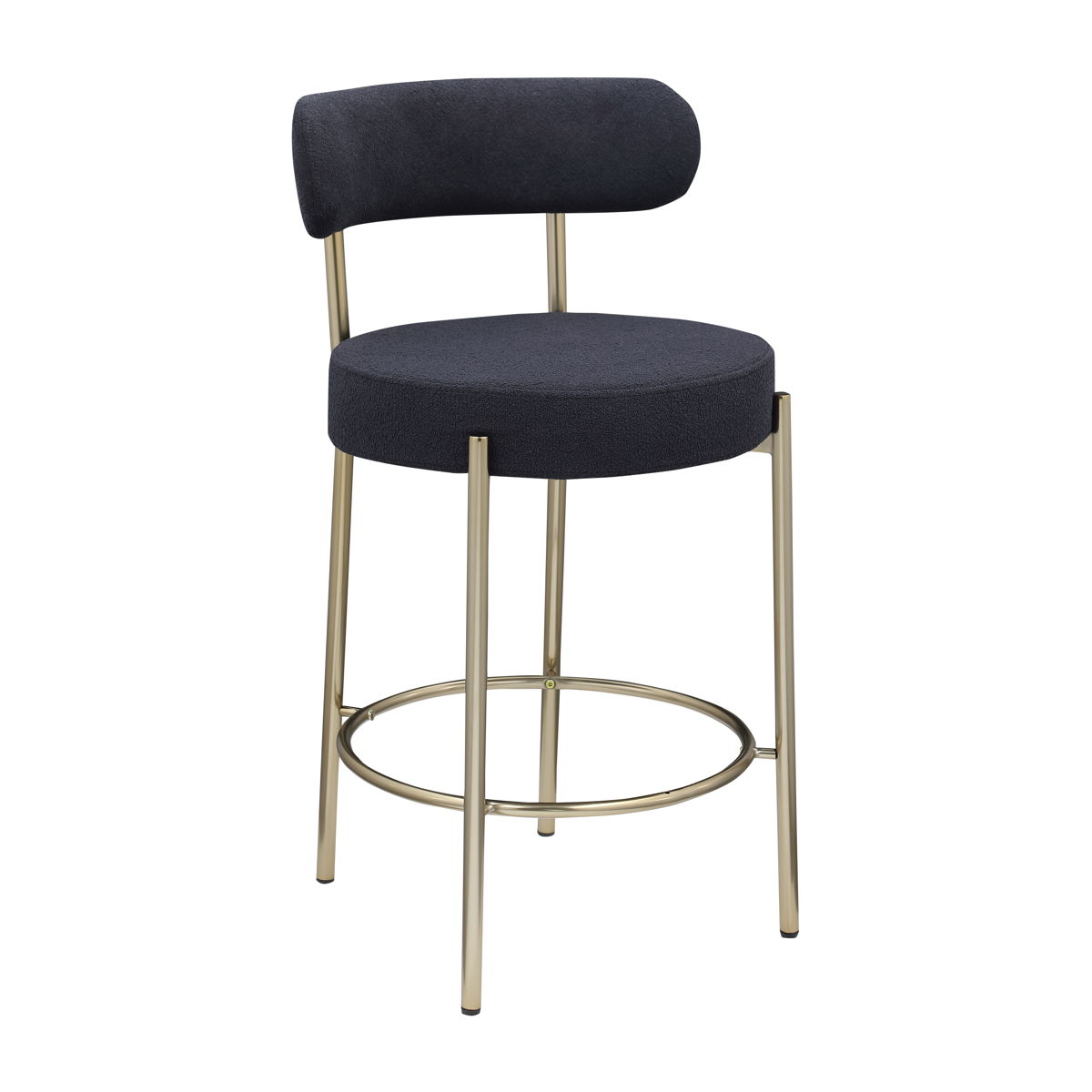 Modern Sherpa Counter Height Stools, Uphsoltered Seat Height Barstools With Brushed Brass Metal Legs Round Low Back Kitchen Stools With Footrest For Dining Room (Set of 2)