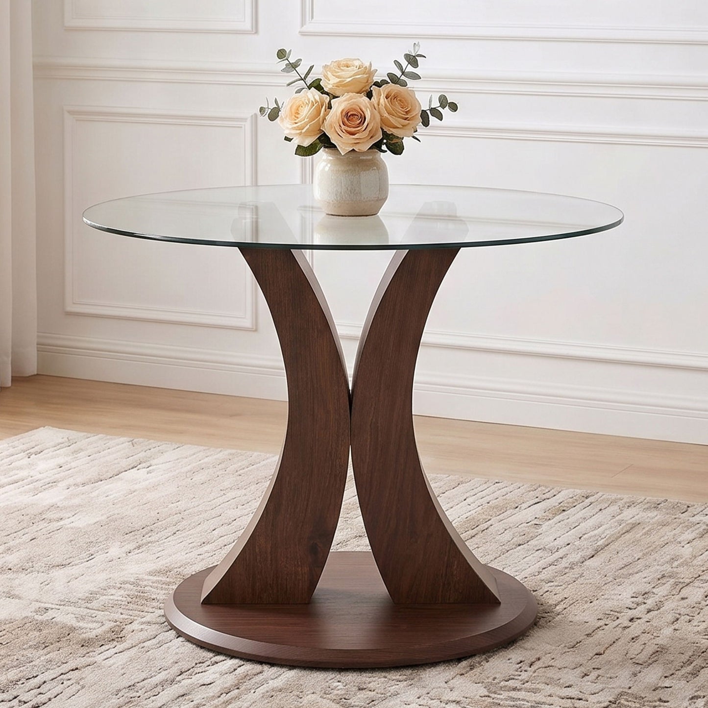 2 In 1 Round Glass Dining Table With Adjustable Curved Base, - Transparent / Walnut