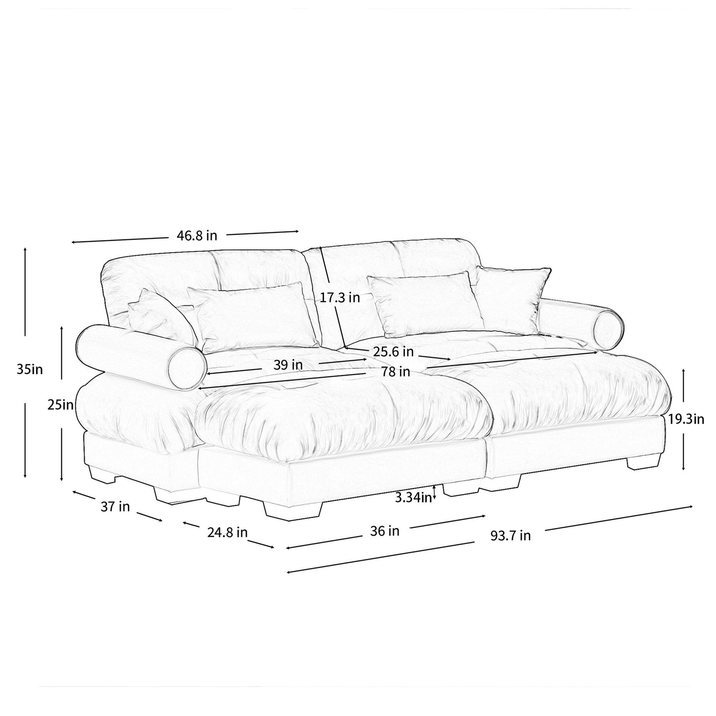 Modern Sectional Sofa With Ottoman, Round Bolster Armrests, Waist And Throw Pillows
