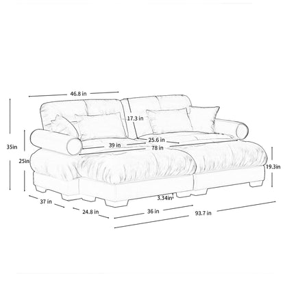 Modern Sectional Sofa With Ottoman, Round Bolster Armrests, Waist And Throw Pillows