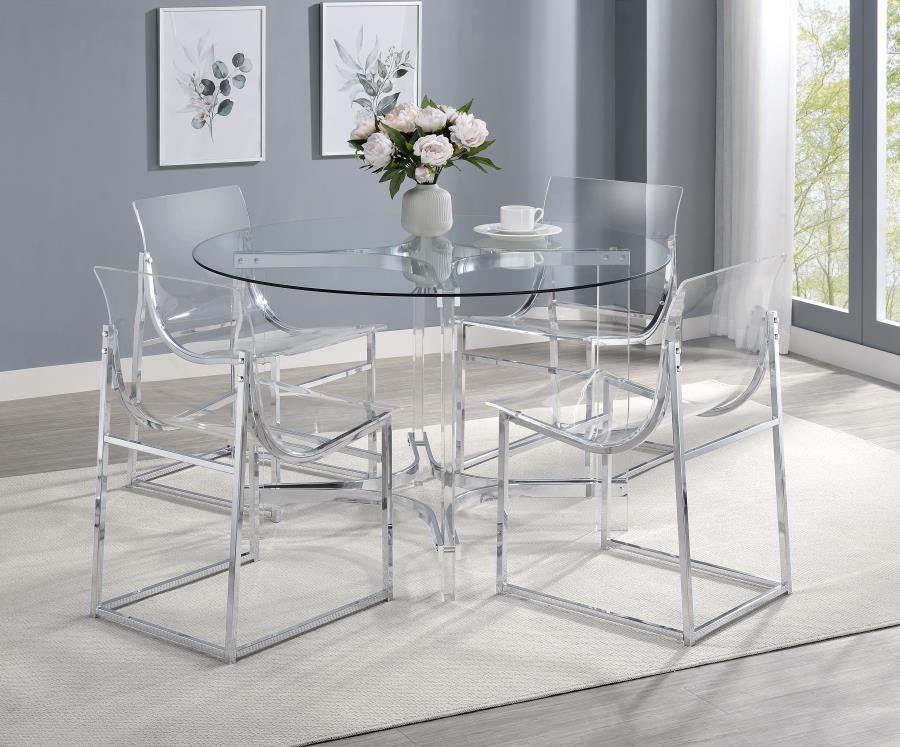 Keeling - 5 Piece Round Glass Top Acrylic Dining Set - Chrome