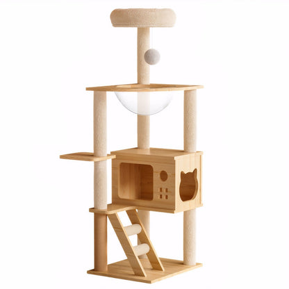 Modern Cat Tower, Wood Cat Tree Tower For Indoor Cats, Cat Tree With Sisal Covered Scratching Posts And Top Perch - Natural / White