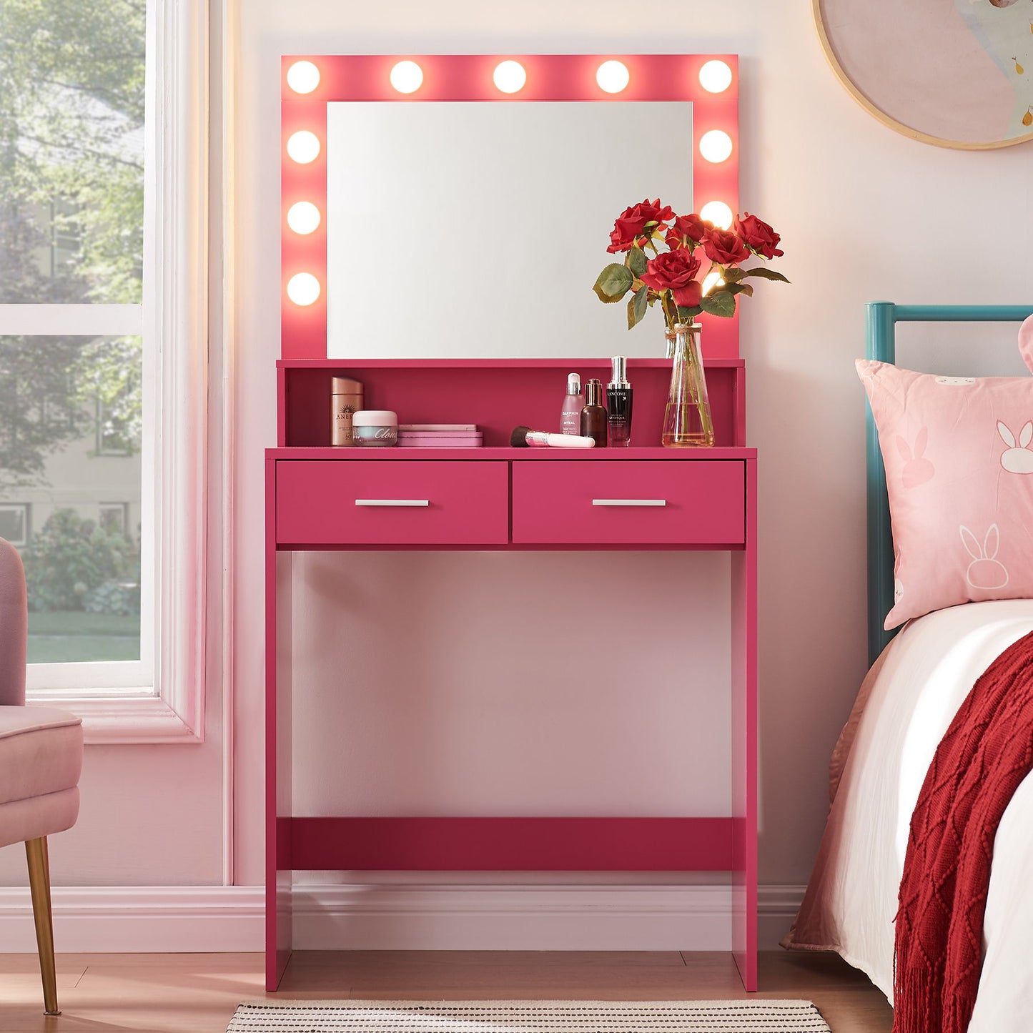 Vanity Desk With Mirror And Lights, Dressing Table With Large Drawer, 2 Level Storage Dresser & 3 Lighting Modes Adjustable Brightness, Suitable For Bedroom