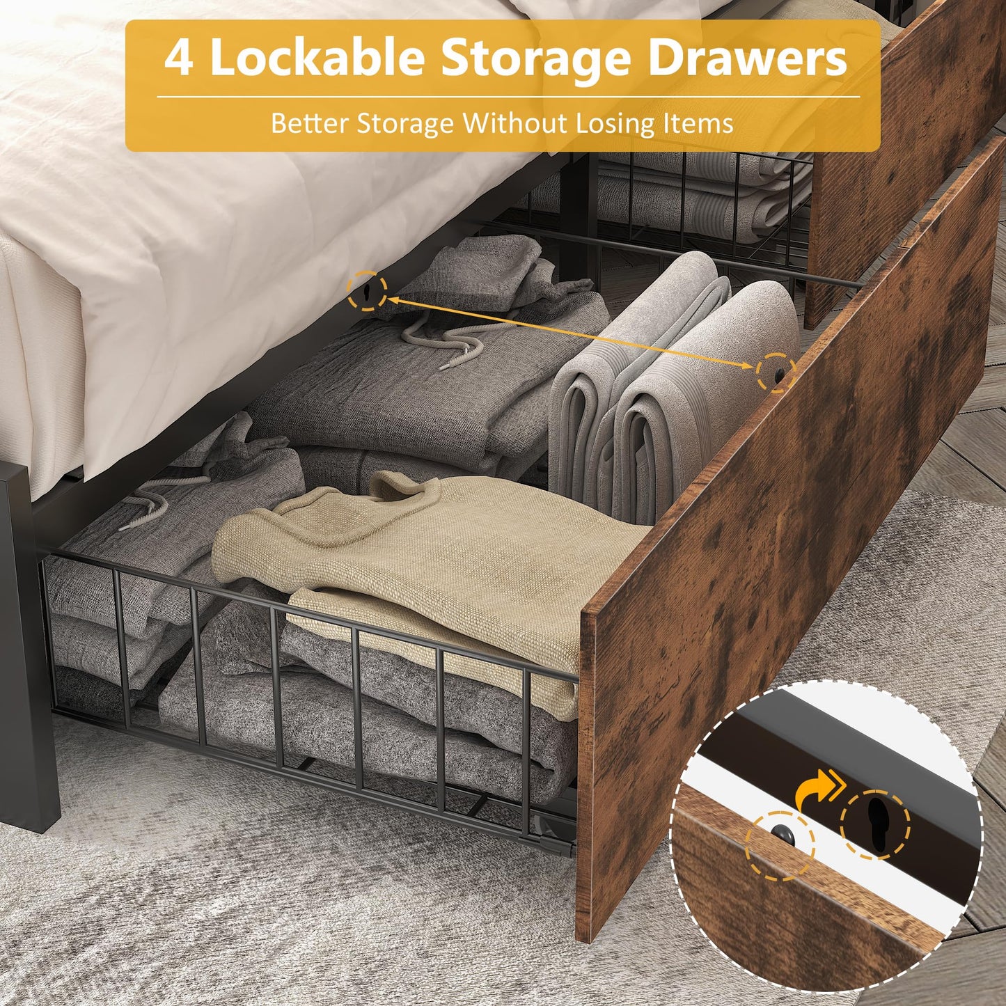 Lifezone Queen Bed Frame with 2-Tier Storage Headboard, Metal Platform Bed Frame with 4 Storage Drawers, Built in Charging Station & LED, Noise-Free/Metal Support/No Box Spring Needed, Vintage Brown