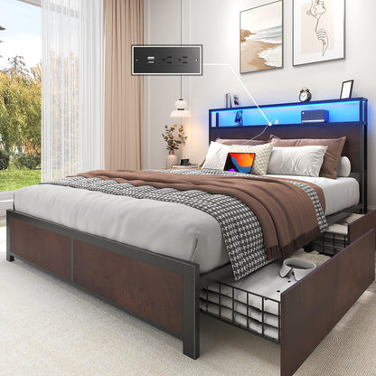 Lifezone Queen Bed Frame with 2-Tier Storage Headboard, Metal Platform Bed Frame with 4 Storage Drawers, Built in Charging Station & LED, Noise-Free/Metal Support/No Box Spring Needed, Vintage Brown