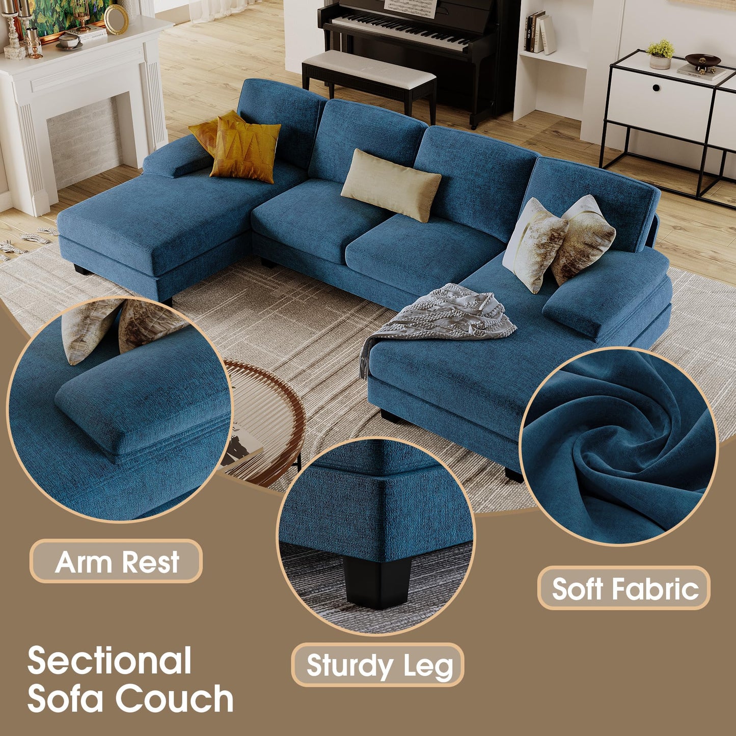 Furmax Sectional Couches for Living Room, U-Shaped Sofa Couch with Linen Fabric, 4 Seat Sofa Set with Double Chaise for Apartment (Fabric, Grey)