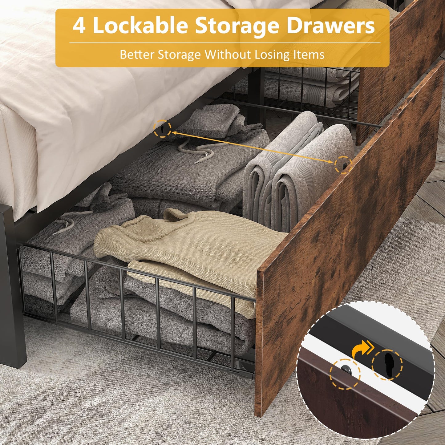 Lifezone Queen Bed Frame with 2-Tier Storage Headboard, Metal Platform Bed Frame with 4 Storage Drawers, Built in Charging Station & LED, Noise-Free/Metal Support/No Box Spring Needed, Vintage Brown