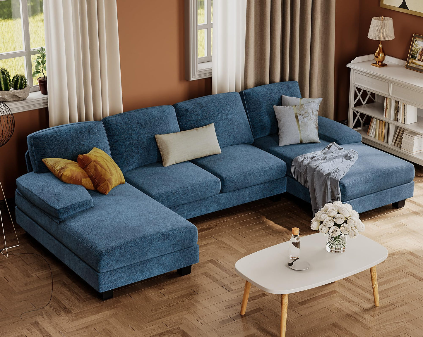 Furmax Sectional Couches for Living Room, U-Shaped Sofa Couch with Linen Fabric, 4 Seat Sofa Set with Double Chaise for Apartment (Fabric, Grey)