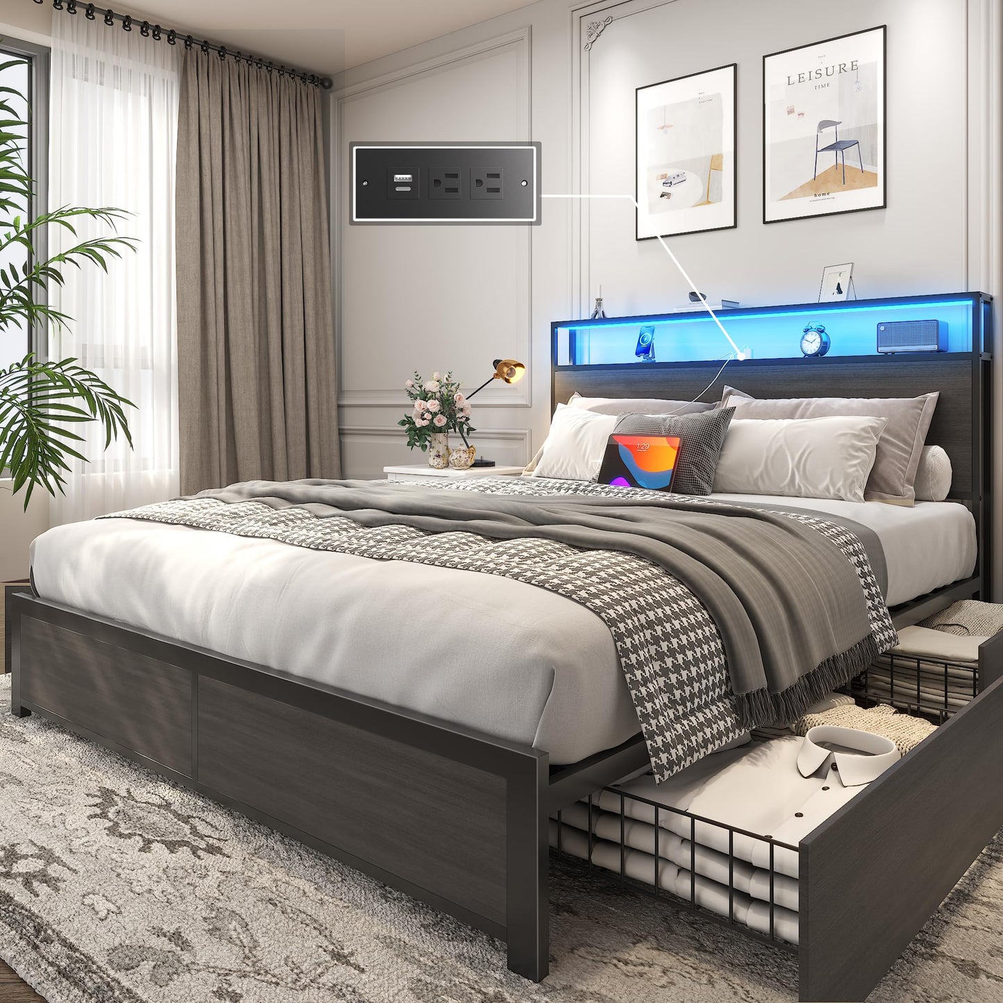 Lifezone Queen Bed Frame with 2-Tier Storage Headboard, Metal Platform Bed Frame with 4 Storage Drawers, Built in Charging Station & LED, Noise-Free/Metal Support/No Box Spring Needed, Vintage Brown