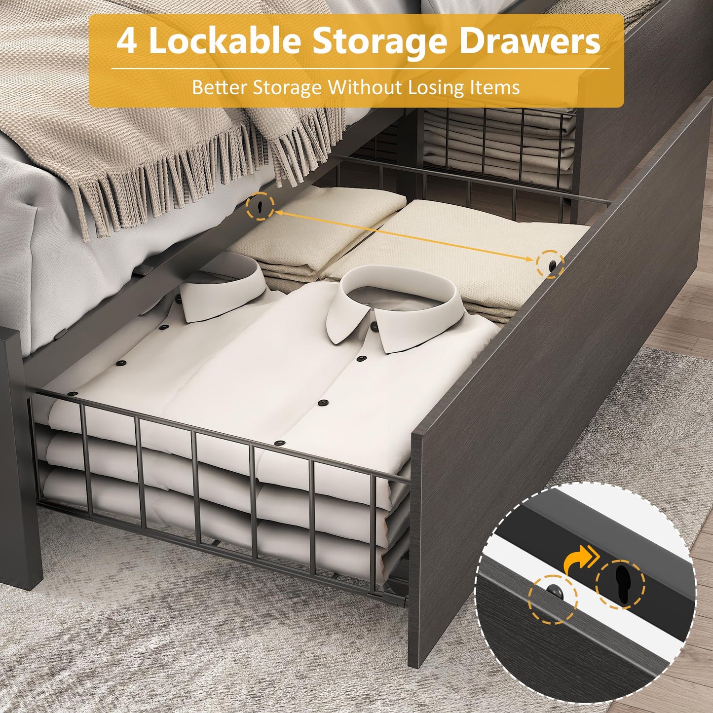 Lifezone Queen Bed Frame with 2-Tier Storage Headboard, Metal Platform Bed Frame with 4 Storage Drawers, Built in Charging Station & LED, Noise-Free/Metal Support/No Box Spring Needed, Vintage Brown