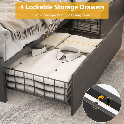 Lifezone Queen Bed Frame with 2-Tier Storage Headboard, Metal Platform Bed Frame with 4 Storage Drawers, Built in Charging Station & LED, Noise-Free/Metal Support/No Box Spring Needed, Vintage Brown