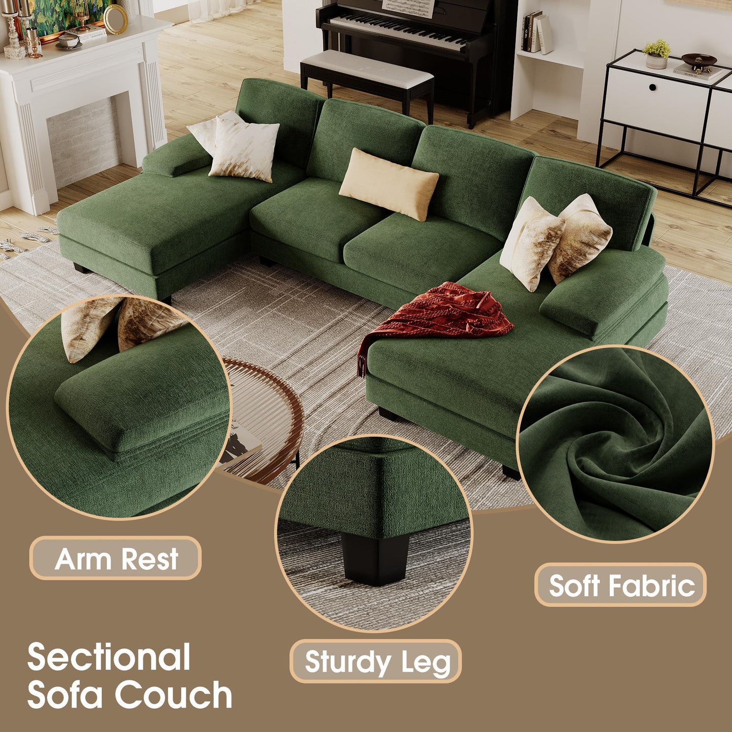 Furmax Sectional Couches for Living Room, U-Shaped Sofa Couch with Linen Fabric, 4 Seat Sofa Set with Double Chaise for Apartment (Fabric, Grey)