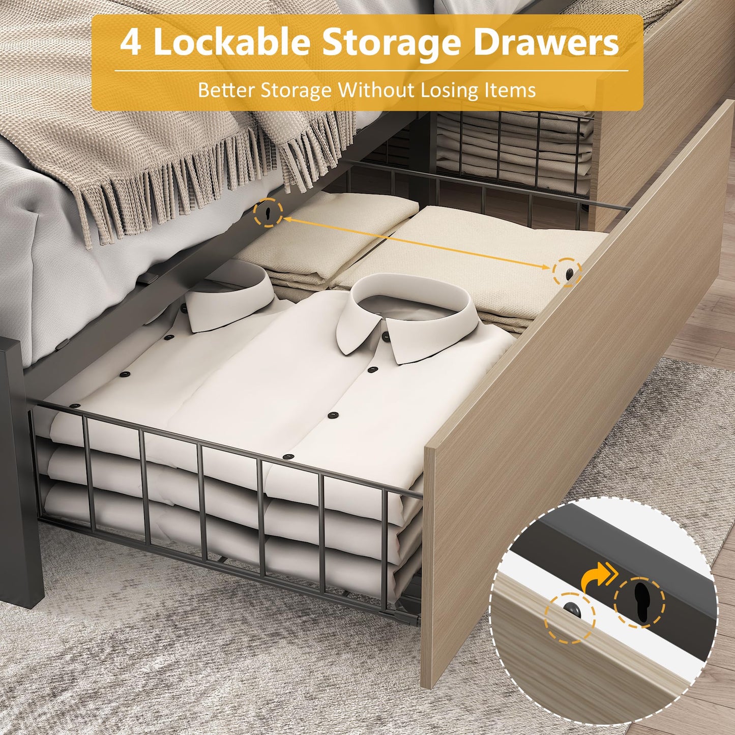 Lifezone Queen Bed Frame with 2-Tier Storage Headboard, Metal Platform Bed Frame with 4 Storage Drawers, Built in Charging Station & LED, Noise-Free/Metal Support/No Box Spring Needed, Vintage Brown